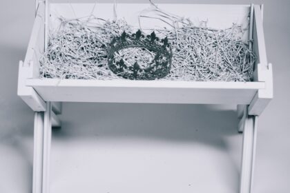 grayscale photo of crown in bassinet