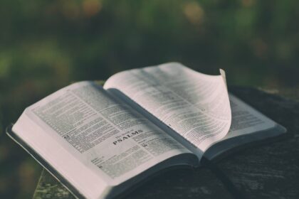opened bible book on grey surface